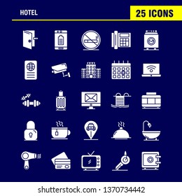 Hotel Solid Glyph Icons Set For Infographics, Mobile UX/UI Kit And Print Design. Include: Check In, Check Out, Door, Hotel, Mobile, Cell, Icon Set - Vector