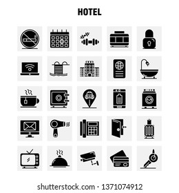 Hotel Solid Glyph Icons Set For Infographics, Mobile UX/UI Kit And Print Design. Include: Check In, Check Out, Door, Hotel, Mobile, Cell, Icon Set - Vector