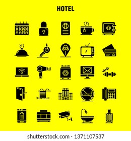 Hotel Solid Glyph Icons Set For Infographics, Mobile UX/UI Kit And Print Design. Include: Check In, Check Out, Door, Hotel, Mobile, Cell, Icon Set - Vector