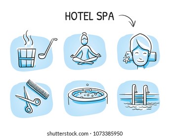 Hotel spa icon set, with sauna, facial treatment, yoga wellness, swimming pool, jacuzzi and hair stylist. Hand drawn cartoon sketch vector illustration, marker style coloring on blue tiles.