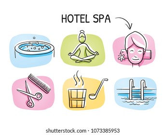 Icono del spa del hotel, con sauna, tratamiento facial, wellness de yoga, piscina, jacuzzi y estilista de pelo. Dibujo dibujado a mano ilustración vectorial, coloreado estilo marcador en azulejos.