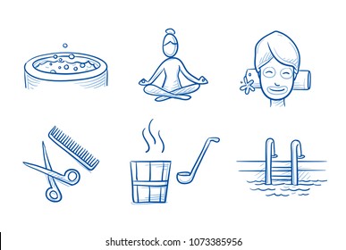 Hotel spa icon set, with sauna, facial treatment, yoga wellness, swimming pool, jacuzzi and hair stylist. Hand drawn line art cartoon vector illustration.