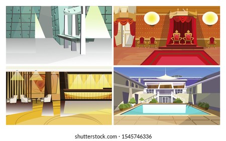 Hotel spaces vector illustration set. Luggage room, traditional and modern lounge, patio with swimming pool. Hotel service concept