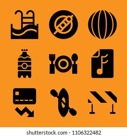 hotel, sphere, pool, wine, design and cold icon vector set. Flat vector design with filled icons. Designed for web and software interfaces