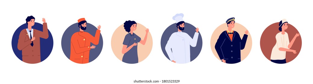 El personal avatares. El equipo del albergue, el jefe de cocina, el encargado de la limpieza y el recepcionista. Personajes de hombres y mujeres con saludos planos aislados. Ilustración vectorial de los trabajadores hospitalarios