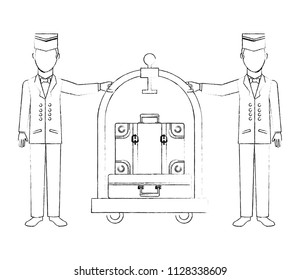 hotel staff bellboys trolley and suitcases