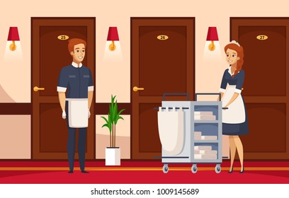 Hotel Staff Cartoon Composition With Cleaner And Chambermaid Engaged In Performance Of  Service Duties Vector Illustration