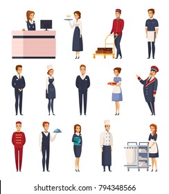 Hotel staff cartoon set of isolated icons representing bellboy maid doorman receptionist bellman chef concierge waiter vector illustration