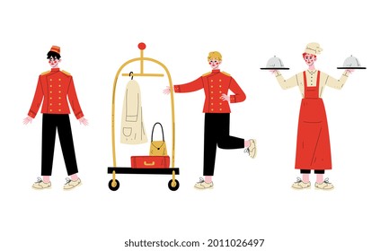 Hotel Staff Character in Uniform with Concierge and Porter with Baggage Rack Vector Set