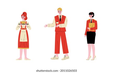 Hotel Staff Character in Uniform with Waitress and Concierge Vector Set