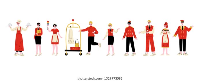 Hotel Staff Characters Set, Chef, Manager, Maid, Bellhop, Receptionist, Concierge, Waitress, Doorman in Red Uniform Vector Illustration