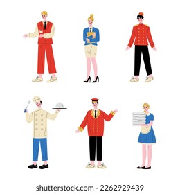 Hotel staff characters set. Porter, waiter, maid and receptionist in uniform cartoon vector illustration