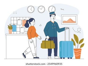 Hotel staff concept. Male luggage handler helps client. Hotel service ocupation. Travel and tourism. Holiday and vacation. Administrator and concierge. Linear vector illustration