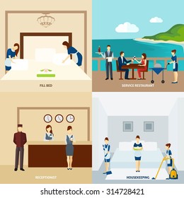 Hotel staff design concept set with restaurant service and housekeeping icons isolated vector illustration
