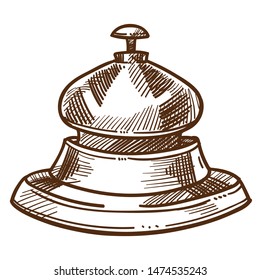 Hotel Staff Equipment Bell From Reception Desk Isolated Sketch Vector Ringing Button Receptionist Calling Sound Producing Item. Monochrome Drawing House Concierge Service Device Or Tool Motel Lobby