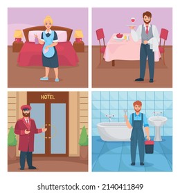 Hotel staff flat 2x2 set of square compositions with views of hotel worker in certain room vector illustration