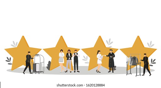 Hotel staff flat color vector illustration. Porters, doorman, administrator. Resort manager. Housekeeper, maid. Service personnel with quality stars isolated cartoon characters on white