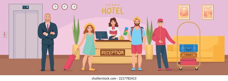 Hotel staff flat composition with horizontal view of hotel lobby with reception stand guard and porter vector illustration