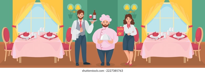 Hotelpersonal Wohnung Komposition mit horizontaler Sicht auf die Hotellobby mit Esstischen und Arbeiter Charaktere Vektorgrafik
