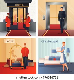 Hotel Staff Flat Gradient Design Concept With Doormen, Elevator Operator, Porter With Baggage, Maid Isolated Vector Illustration