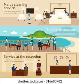 Hotel staff horizontal banner set with maids cleaning service elements isolated vector illustration