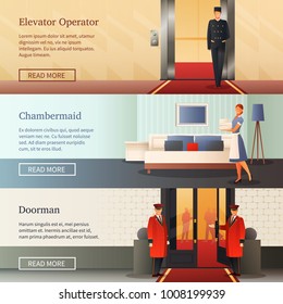 Hotel Staff Horizontal Banners With Elevator Operator, Maid With Bed Linen, Doorman Near Entrance Isolated Vector Illustration