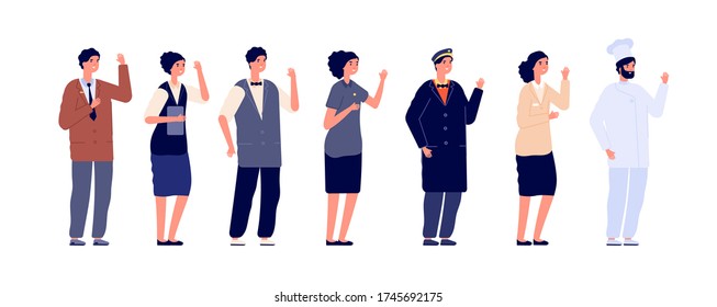 Hotel Staff. Hospitality Employee, Job Team Wearing Uniform. Isolated Worker Group, Flat Doorman, Manager Chef. Service People Vector Set