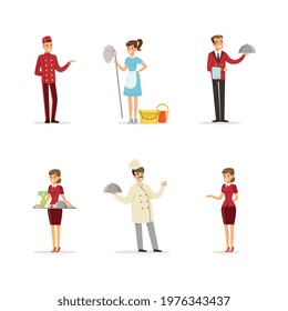 Hotel Staff with Hostess, Maid and Porter Vector Set