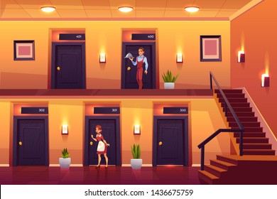 Hotel Staff Housemaid And Waiter Service Clients Bringing Meal At Room And Knocking Door For Cleaning. Hospitality, Workers In Motel Hallway With Doors, Lamps And Stairs. Cartoon Vector Illustration