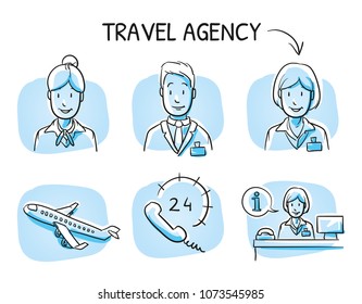 Hotel staff icon set with information desk, stewardess, hotel manager, airplane and 24 hours hotline. Hand drawn cartoon sketch vector illustration, marker style coloring on blue tiles.