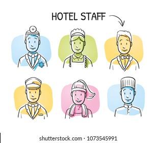 Hotel staff icon set with the proffessions doctor, cook, chambermaid, waiter, gym instructor, driver. Hand drawn cartoon sketch vector illustration, marker style coloring on tiles.
