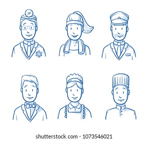 Hotel Staff Icon Set With The Proffessions Doctor, Cook, Chambermaid, Waiter, Gym Instructor, Driver. Hand Drawn Doodle Vector Illustration.