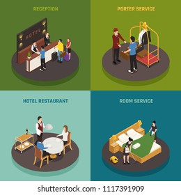 Hotel staff isometric design concept with reception porter restaurant and room service isolated vector illustration