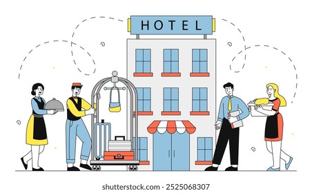 Equipe do hotel com bagagem. Homens e mulheres perto do edifício do hotel. Senhora de limpeza, recepcionista e manipulador de bagagem, porteiro. Ocupação de serviço. Viagens e turismo. Ilustração de vetor linear