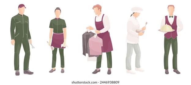 hotel staff  male and female characters part 2, waiter, kitchen chef, housekeeping, laundry service, maintenance