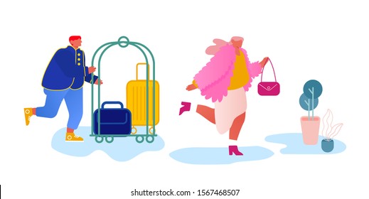 Hotel Staff Meeting Guest In Hall Carrying Luggage By Cart. Businesswoman Stay In Guesthouse For Vacation Or Business Trip. Hospitality Appointment, Room Reservation. Cartoon Flat Vector Illustration