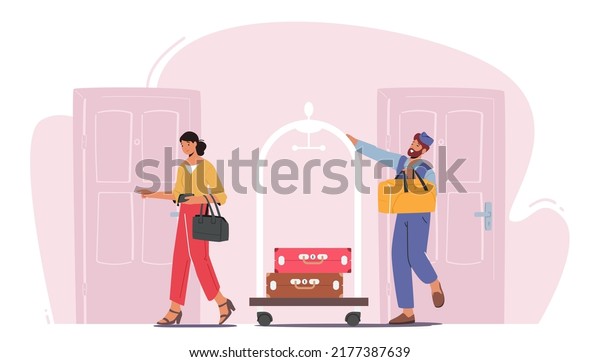 Hotel Staff Meeting Guest in Hall Carrying\
Luggage by Cart. Woman Character Checkin, Stay in Guesthouse for\
Vacation or Business Trip. Hospitality, Room Reservation. Cartoon\
People Vector\
Illustration