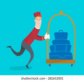 Hotel Staff - Porter With A Luggage Trolley. Flat Design. Vector Illustration.