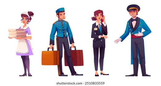 Hotel staff and restaurant manager in uniform. Concierge character isolated design. Smiling hospitality worker icon. Doorman and administrator profession team set. Maid girl and bellboy person