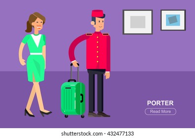 Hotel staff and service, reception,  detailed character porter cool flat tourism elements