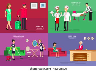 Hotel Staff And Service, Reception, Room Cleaning And Restaurant, Detailed Character Porter, Chambermaid, Chief Cooker, Cool Flat Tourism Elements