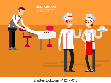 Hotel staff and service, restaurant, detailed character chief cooker, cool flat tourism elements