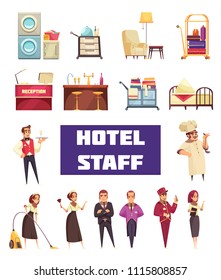 Hotel staff set with editable text isolated human characters of hotel workers and various furniture items vector illustration