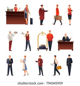 Hotel Staff Set Of Flat Gradient Icons With Manager, Doorman, Guard, Maid, Chef, Receptionist Isolated Vector Illustration 