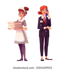 El personal del hotel se establece aislado en el fondo blanco. Ilustración de dibujos animados de Vector de la criada y recepcionista en el trabajo, ama de llaves en uniforme con sábanas limpias, gerente en traje llamando al teléfono