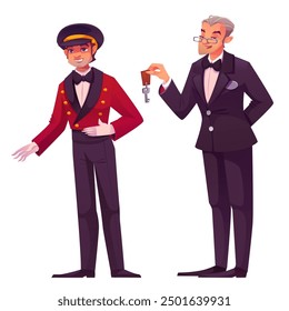 Hotel staff set isolated on white background. Vector cartoon illustration of male bellboy and concierge at work, porter in uniform and hat smiling at guest, reception manager in suit giving room key