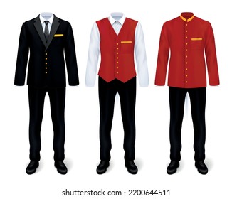 Hotel staff uniform realistic set with isolated images of smart suits for porter floor attendant receptionist vector illustration