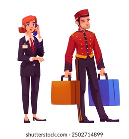 Hotelpersonal in Uniform am Arbeitsplatz. Cartoon-Vektorgrafik-Set von männlichen und weiblichen Charakteren der Gastfreundschaft Service - Frau Rezeptionistin sprechen am Telefon und Mann bellboy mit Koffer.