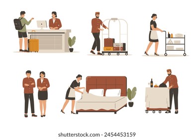 Hotel staff vector illustrations set. doorman, chef, guard, maid, cleaning room, receptionist isolated vector illustration. Flat illustration set