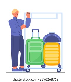 Hotel staff worker concept. Man with cart with luggage. Cleaning service employee. Loader with baggage. Template and layout. Cartoon flat vector illustration isolated on white background